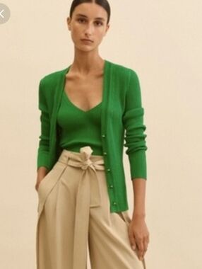 ME+EM Kelly Green Ribbed Knit Cardigan With Gold Buttons XS As Seen On TV